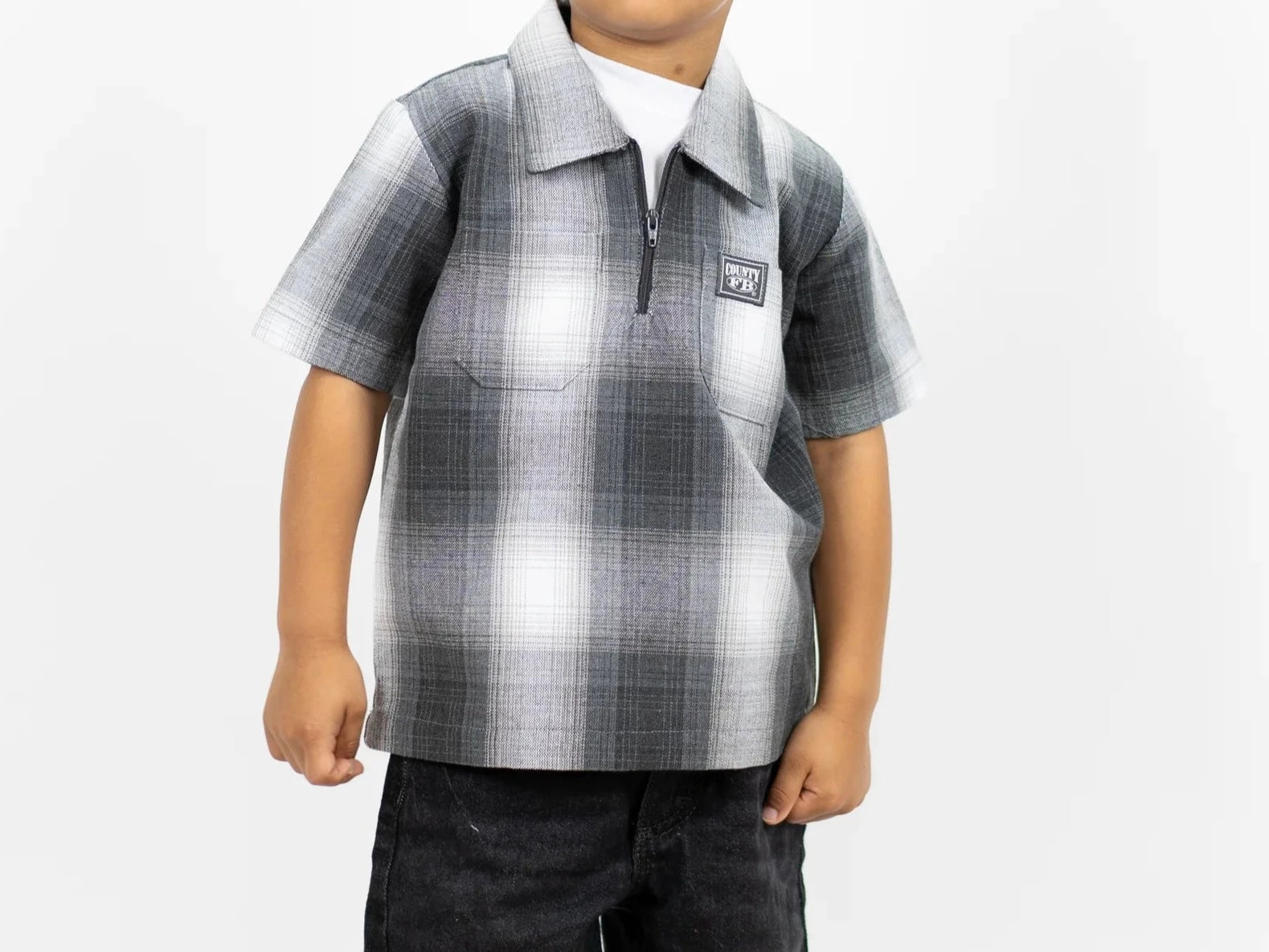 KIDS FB COUNTY SHORT SLEEVE CHECKER ZIP SHIRT BLACK / GREY