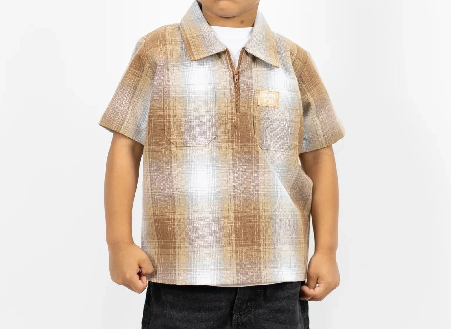 KIDS FB COUNTY SHORT SLEEVE CHECKER ZIP SHIRT Tan / White