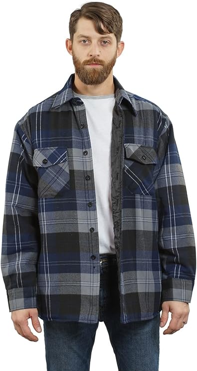 YAGO Men's Quilted Lining Plaid Flannel Jacket with Side Pockets