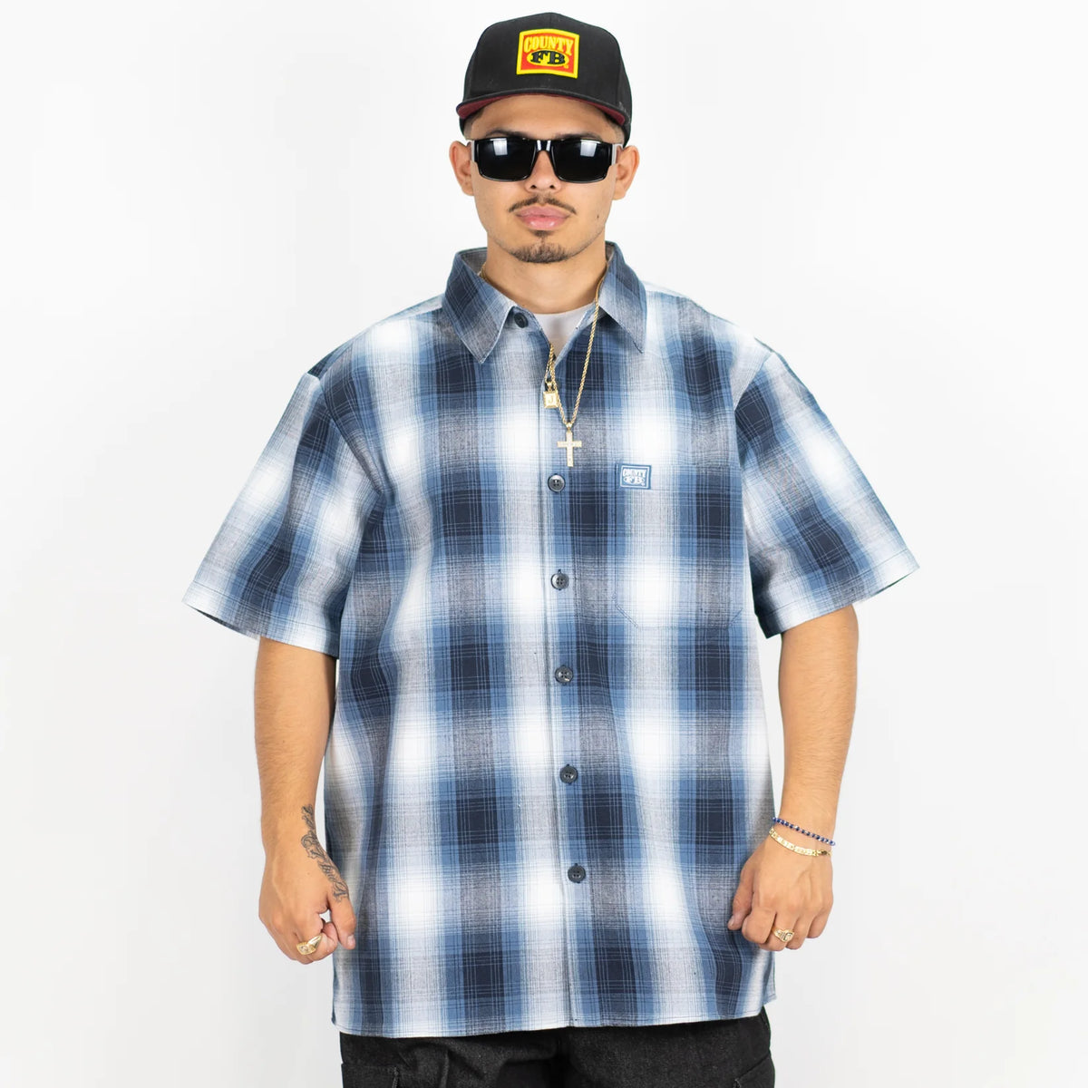 cholo dress shirts SHORT SLEEVE PLAID BUTTON UP SHIRT- Dark Navy with Blues